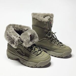 Fila Disruptor Shearling Leather Lace Up Boots Fold Down Cuff Green Size 7